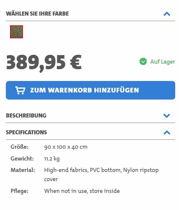 Screenshot: Wählen Sie Ihre Farbe | Auf Lager | Zum Warenkorb hinzufügen | Beschreibung | Specifications | Material: High-end fabrics, PVC bottom, Nylon ripstop cover, Pflege: When not in use, store inside.