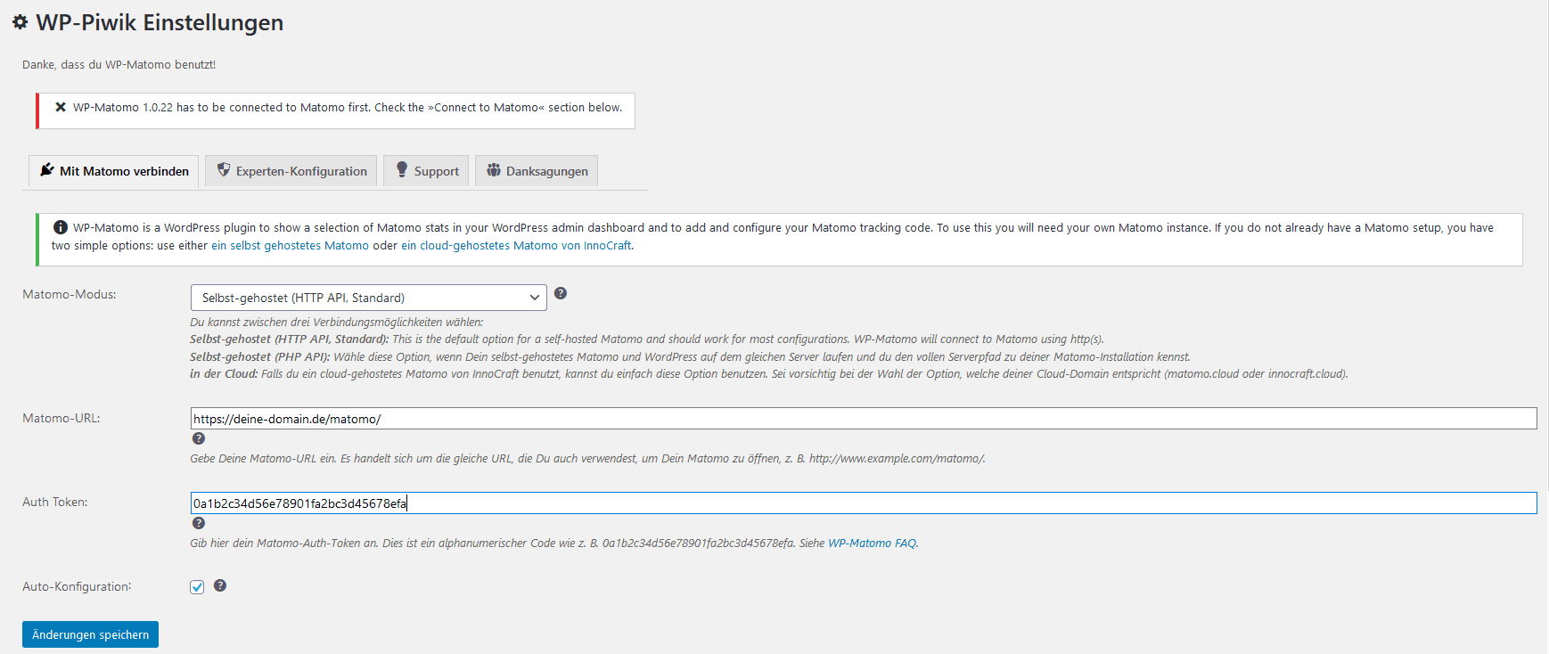 Screenshot: WP-Matomo anhand von URL und Auth Token mit deiner Matomo-Installation verknüpfen