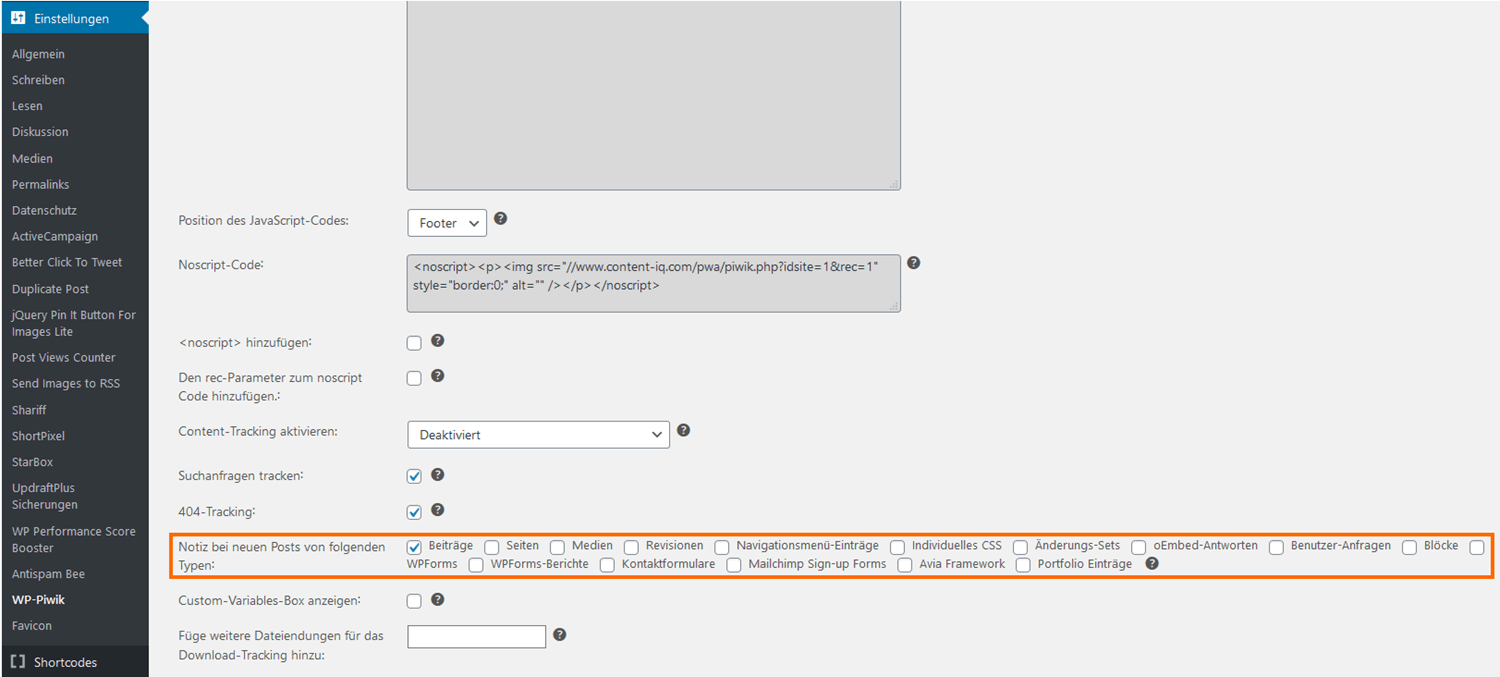 Matomo-Konfiguration über das WordPress-Plugin WP-Piwik: Notiz bei neuen Posts von folgenden Typen