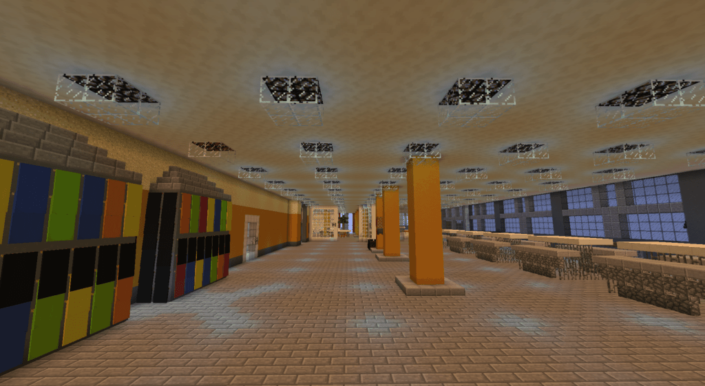 Die Pausenhalle. Mit Tischen, lampen, Säulen und Schließfächern. | Screenshot: Minecraft