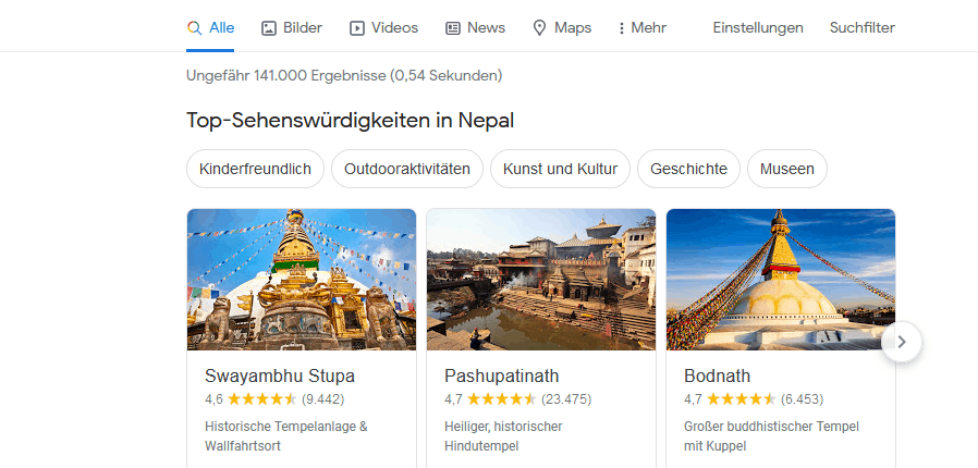 Rich Cards in den SERPs: Reisetipps und Top-Sehenswürdigkeiten in Nepal