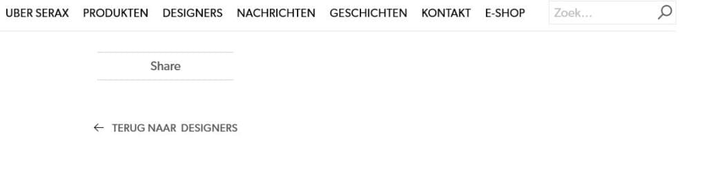 "Screenshot: Uber Serax | Produkten | Designers | Nachrichten | Geschichten | Kontakt | E-Shop | Suchfeld: "Zoek" | Share | Terug naar Designers