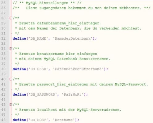 Datenbankkonfiguration in der wp-config.php